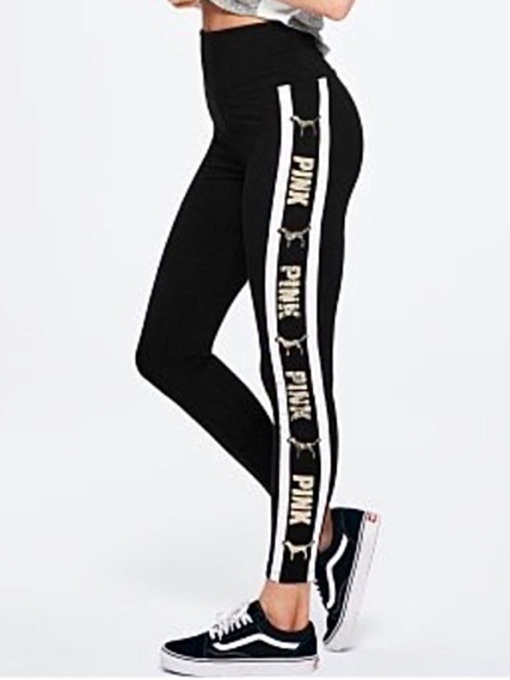 RARE NEW • VS PINK “Pink” Dog Gold Sequin Graphic Yoga Legging •